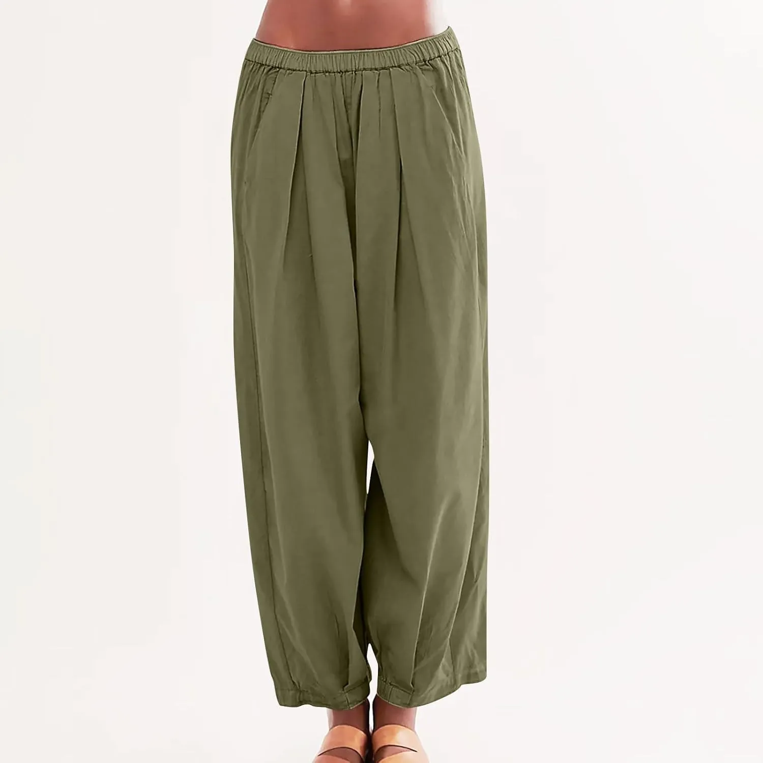 Women Cotton Linen Pants Summer Elastic High Waist Wide Leg Casual Pants 2024 Beach Travel Trousers Vacation Outfits