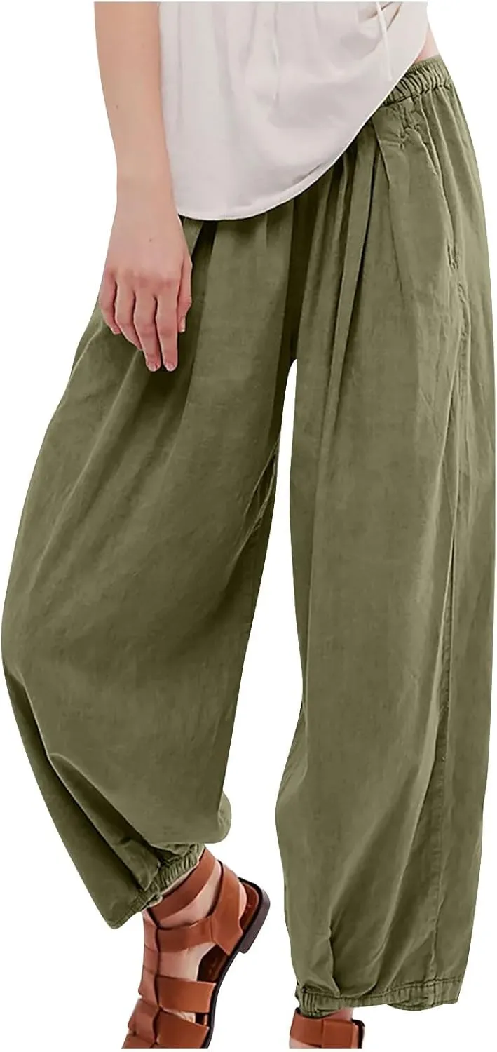 Women Cotton Linen Pants Summer Elastic High Waist Wide Leg Casual Pants 2024 Beach Travel Trousers Vacation Outfits