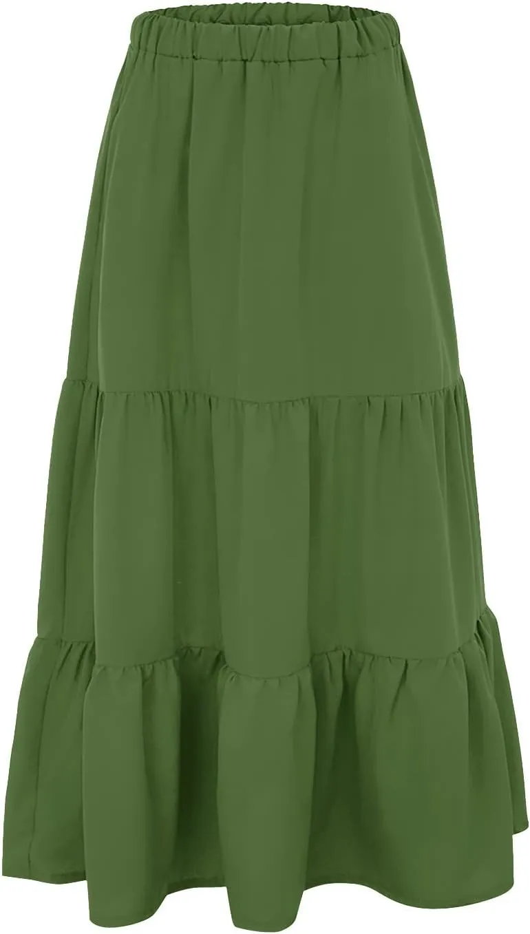 Women Maxi Skirt Elastic Smocked Waist Casual Pleated Long Skirt Ruffle Midi Skirt Boho Clothes for Women