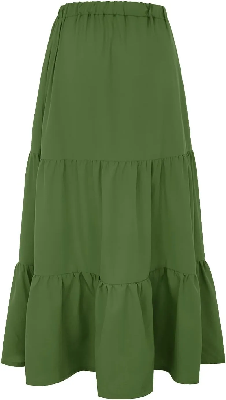 Women Maxi Skirt Elastic Smocked Waist Casual Pleated Long Skirt Ruffle Midi Skirt Boho Clothes for Women