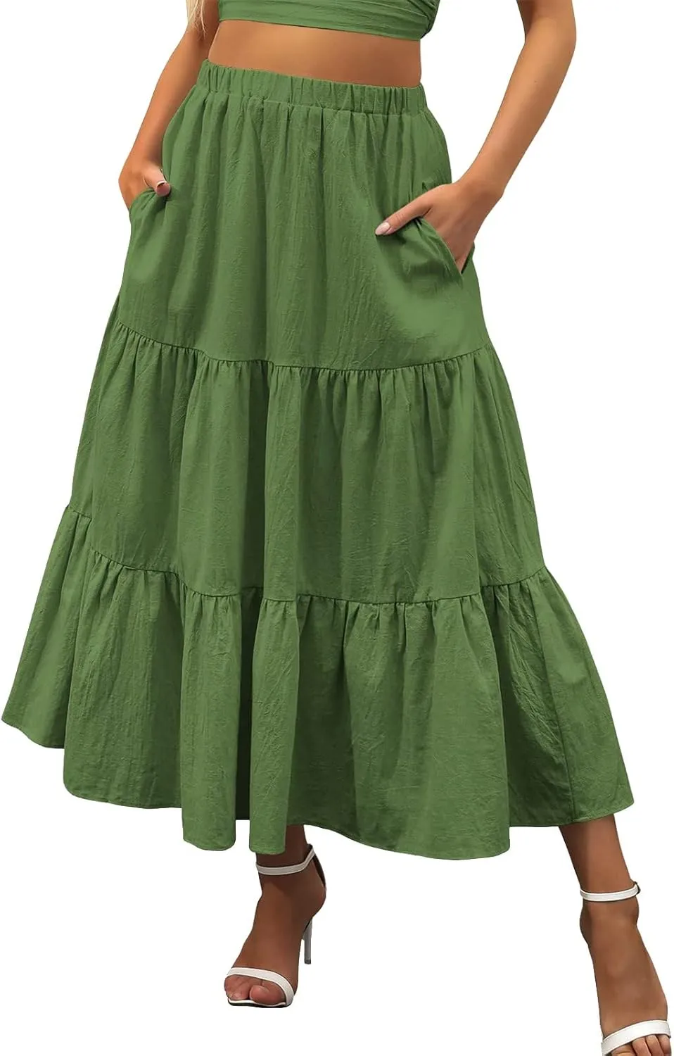 Women Maxi Skirt Elastic Smocked Waist Casual Pleated Long Skirt Ruffle Midi Skirt Boho Clothes for Women