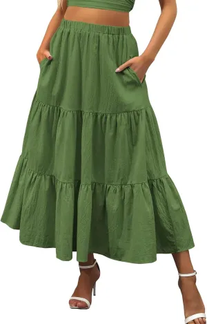 Women Maxi Skirt Elastic Smocked Waist Casual Pleated Long Skirt Ruffle Midi Skirt Boho Clothes for Women