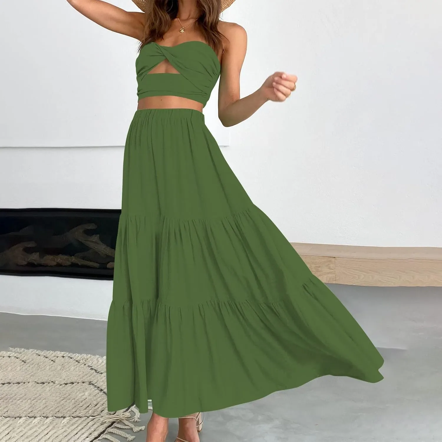 Women Maxi Skirt Elastic Smocked Waist Casual Pleated Long Skirt Ruffle Midi Skirt Boho Clothes for Women