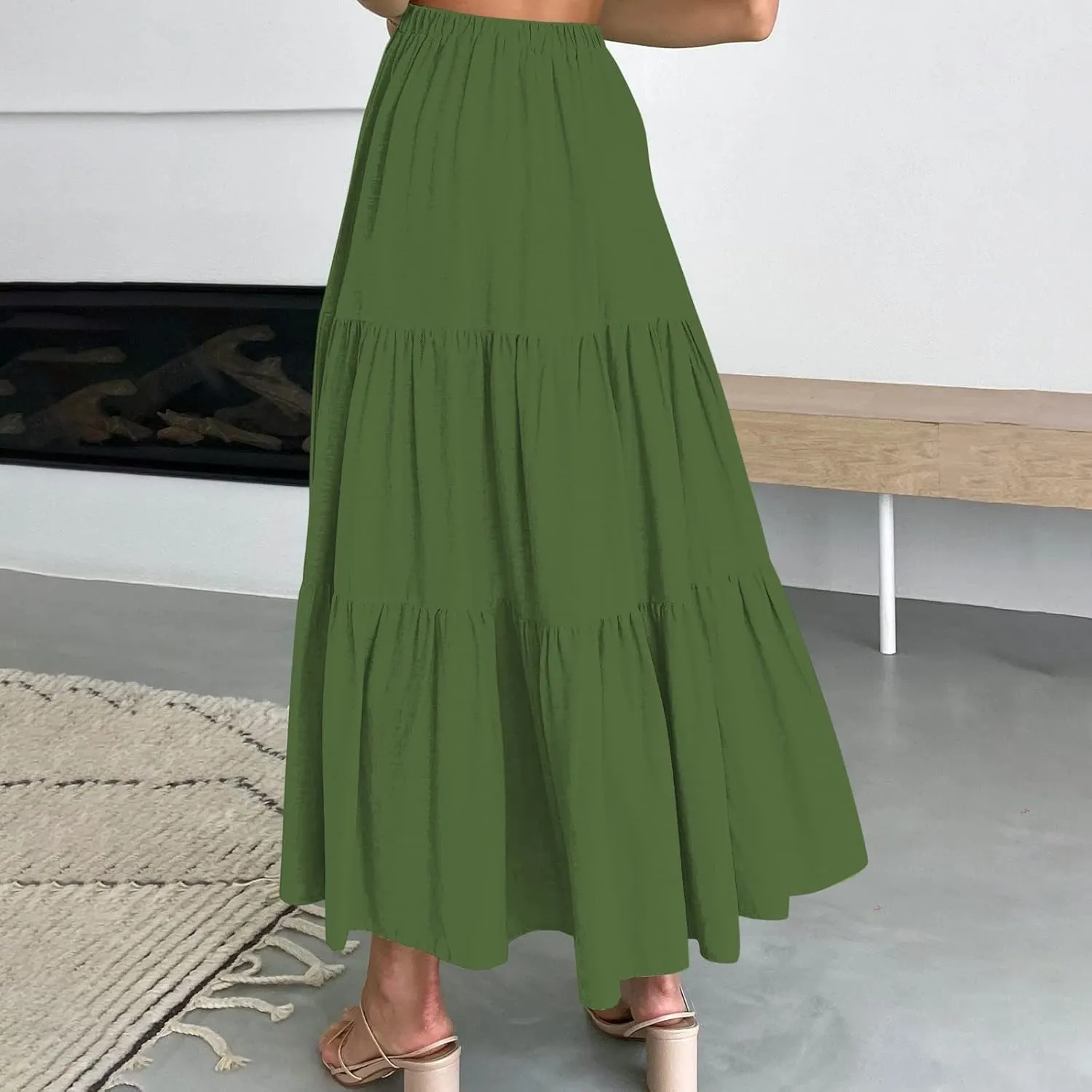 Women Maxi Skirt Elastic Smocked Waist Casual Pleated Long Skirt Ruffle Midi Skirt Boho Clothes for Women