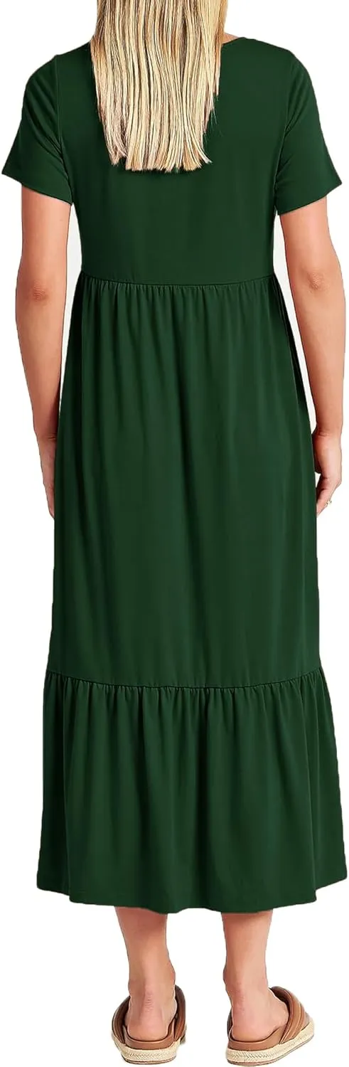 Women Nursing Short Sleeve Crew Neck Fall Dress Maternity Flowy Maxi Dresses Tiered Cocktail Dress with Pockets