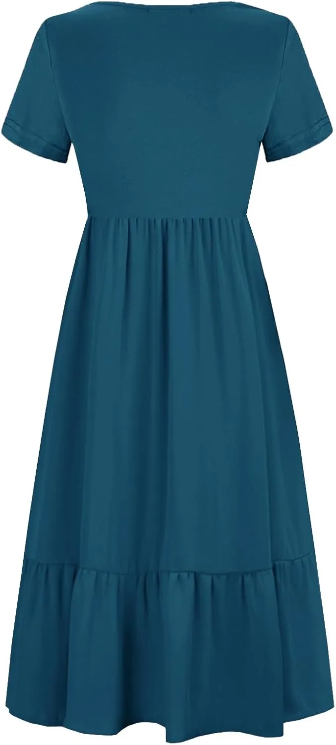 Women Nursing Short Sleeve Crew Neck Fall Dress Maternity Flowy Maxi Dresses Tiered Cocktail Dress with Pockets