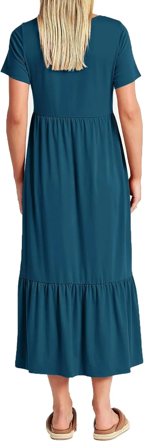 Women Nursing Short Sleeve Crew Neck Fall Dress Maternity Flowy Maxi Dresses Tiered Cocktail Dress with Pockets