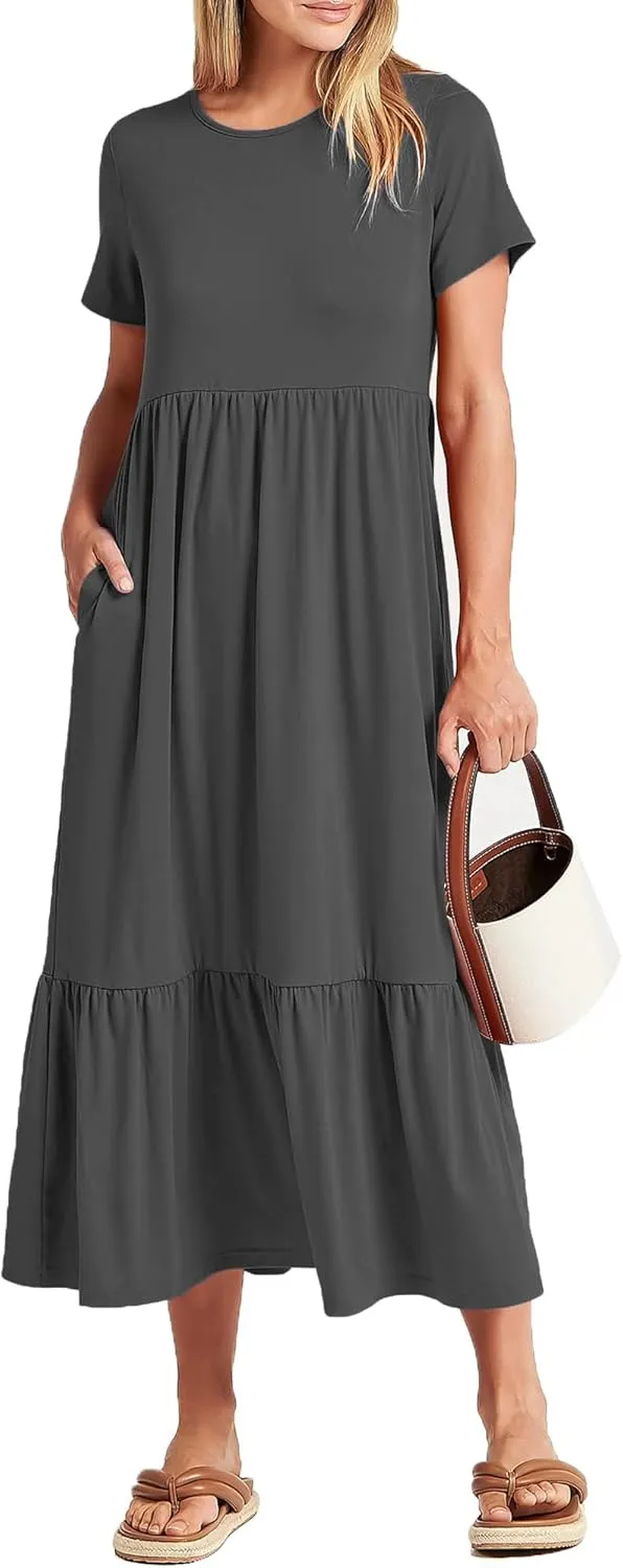 Women Nursing Short Sleeve Crew Neck Fall Dress Maternity Flowy Maxi Dresses Tiered Cocktail Dress with Pockets