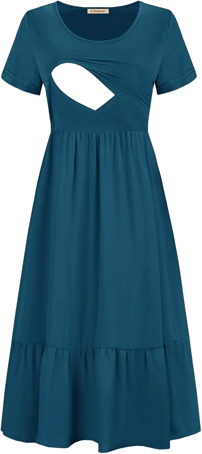 Women Nursing Short Sleeve Crew Neck Fall Dress Maternity Flowy Maxi Dresses Tiered Cocktail Dress with Pockets