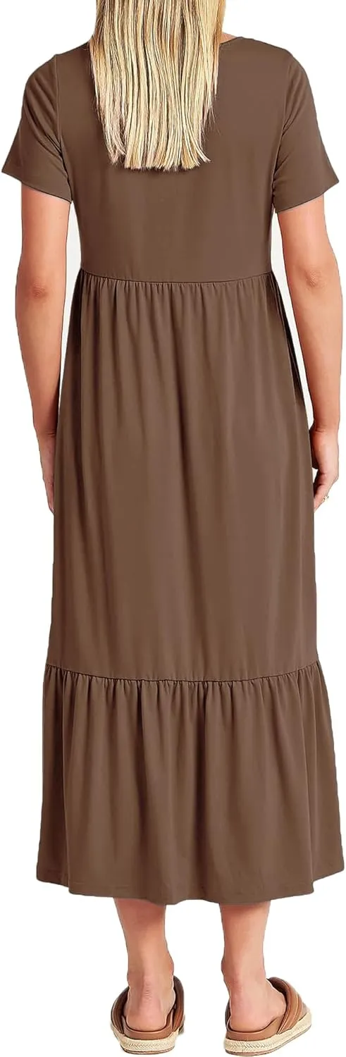 Women Nursing Short Sleeve Crew Neck Fall Dress Maternity Flowy Maxi Dresses Tiered Cocktail Dress with Pockets