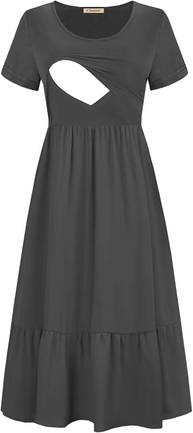 Women Nursing Short Sleeve Crew Neck Fall Dress Maternity Flowy Maxi Dresses Tiered Cocktail Dress with Pockets