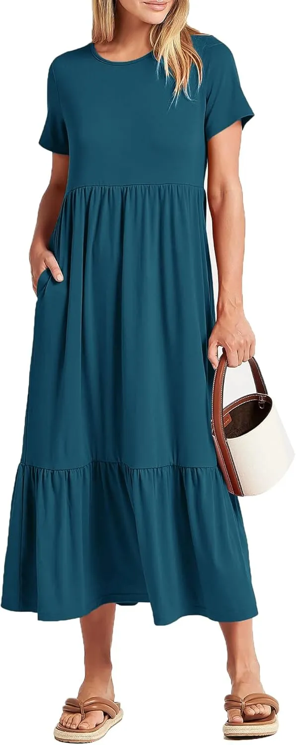 Women Nursing Short Sleeve Crew Neck Fall Dress Maternity Flowy Maxi Dresses Tiered Cocktail Dress with Pockets