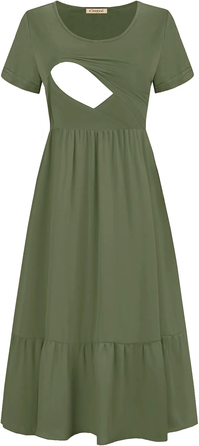 Women Nursing Short Sleeve Crew Neck Fall Dress Maternity Flowy Maxi Dresses Tiered Cocktail Dress with Pockets