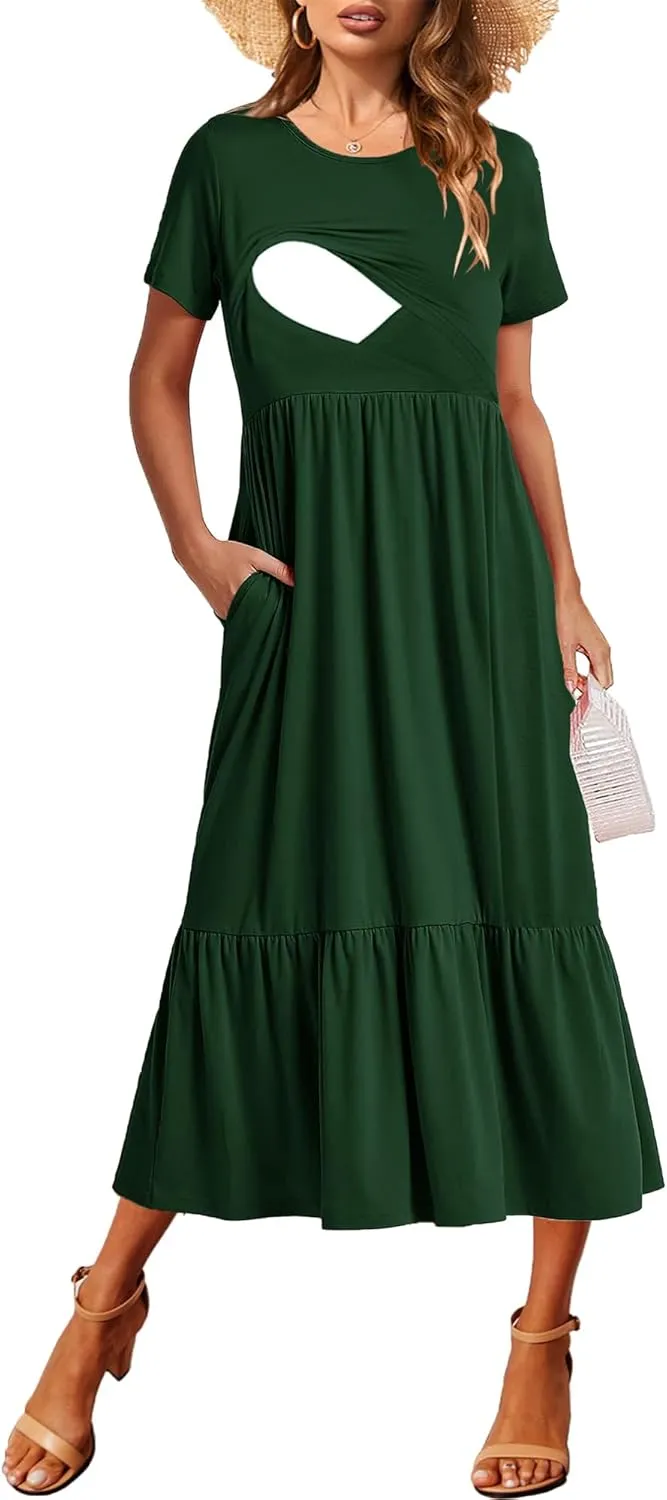 Women Nursing Short Sleeve Crew Neck Fall Dress Maternity Flowy Maxi Dresses Tiered Cocktail Dress with Pockets