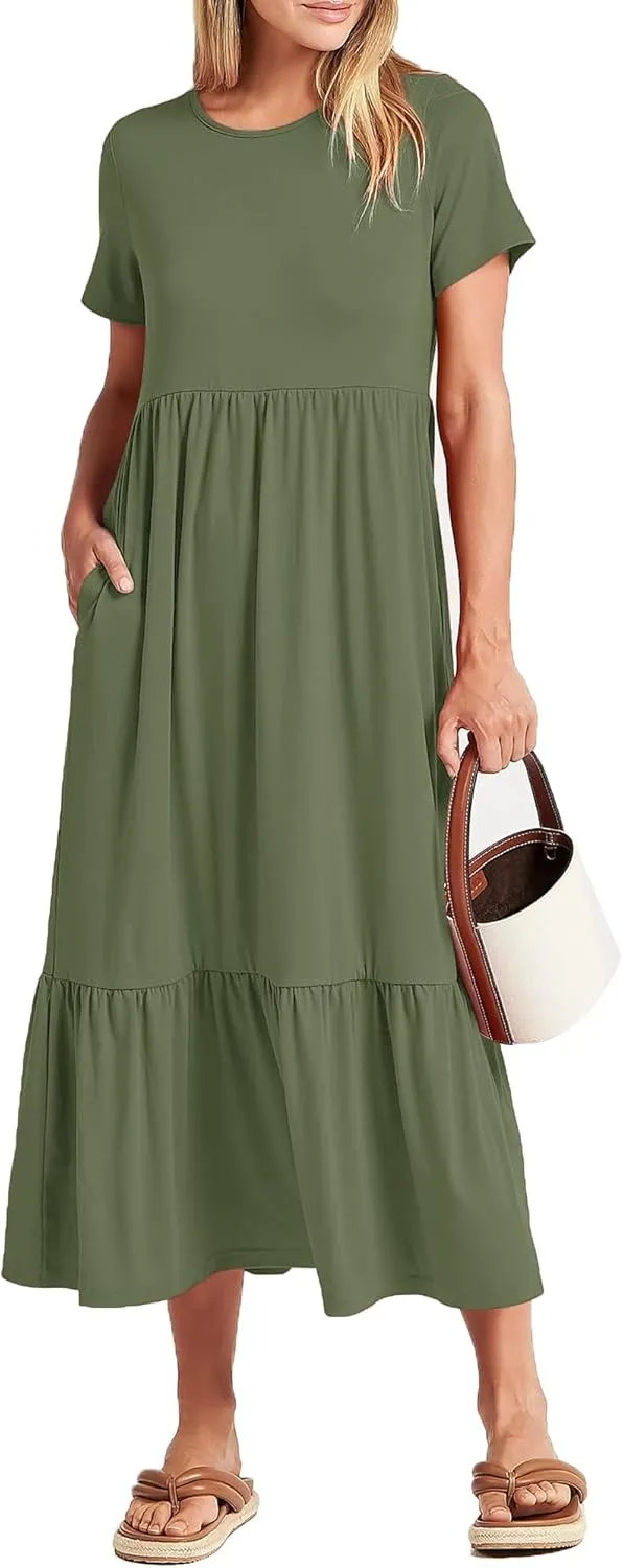 Women Nursing Short Sleeve Crew Neck Fall Dress Maternity Flowy Maxi Dresses Tiered Cocktail Dress with Pockets