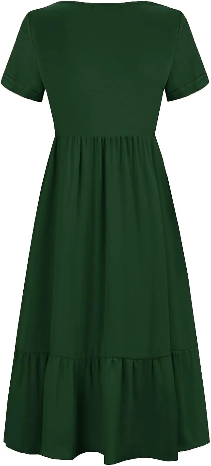 Women Nursing Short Sleeve Crew Neck Fall Dress Maternity Flowy Maxi Dresses Tiered Cocktail Dress with Pockets