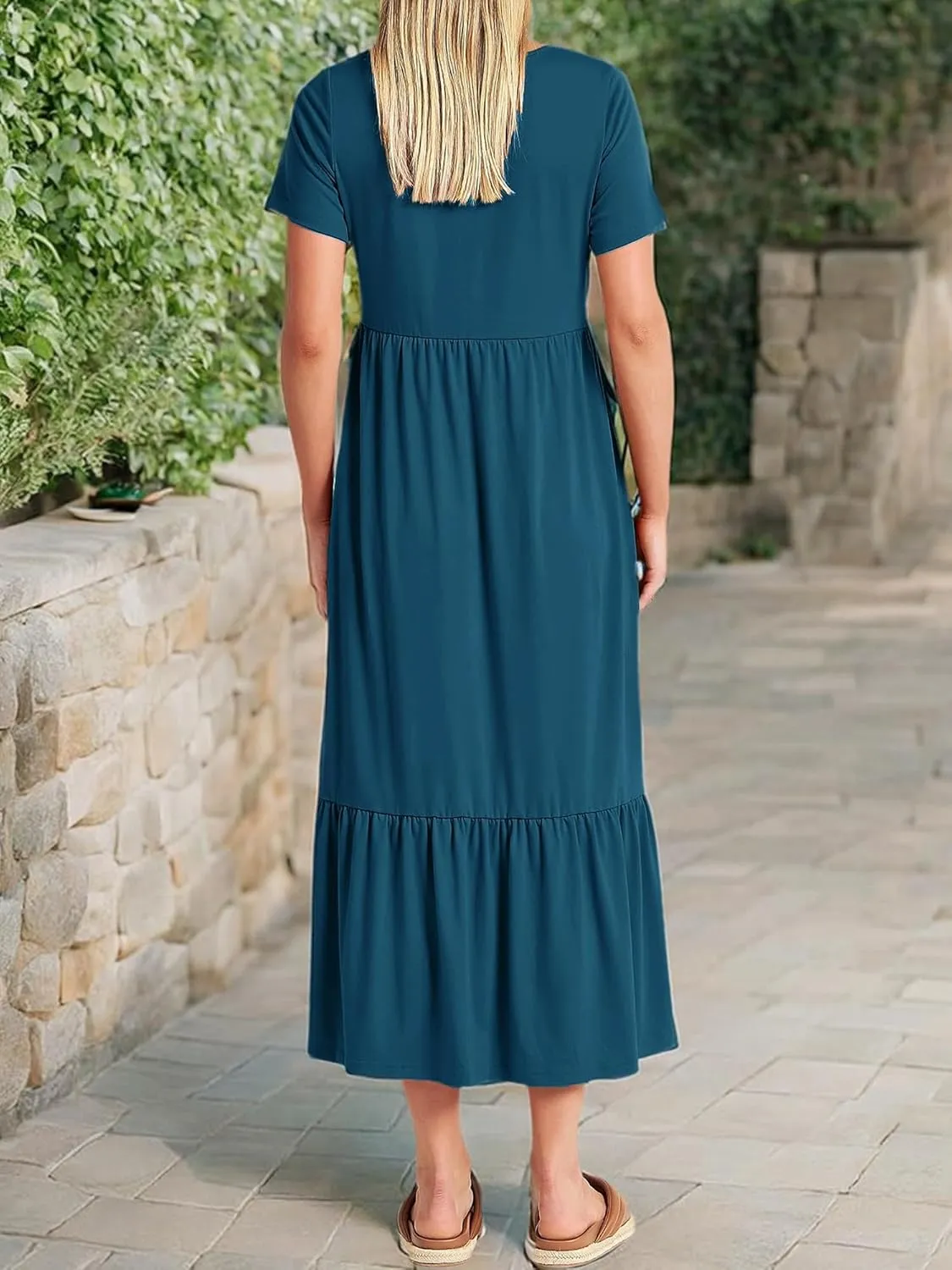Women Nursing Short Sleeve Crew Neck Fall Dress Maternity Flowy Maxi Dresses Tiered Cocktail Dress with Pockets