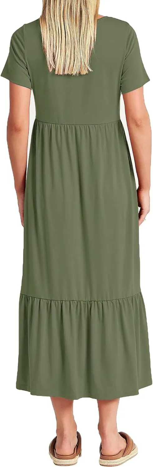 Women Nursing Short Sleeve Crew Neck Fall Dress Maternity Flowy Maxi Dresses Tiered Cocktail Dress with Pockets