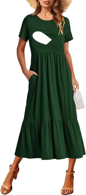Women Nursing Short Sleeve Crew Neck Fall Dress Maternity Flowy Maxi Dresses Tiered Cocktail Dress with Pockets