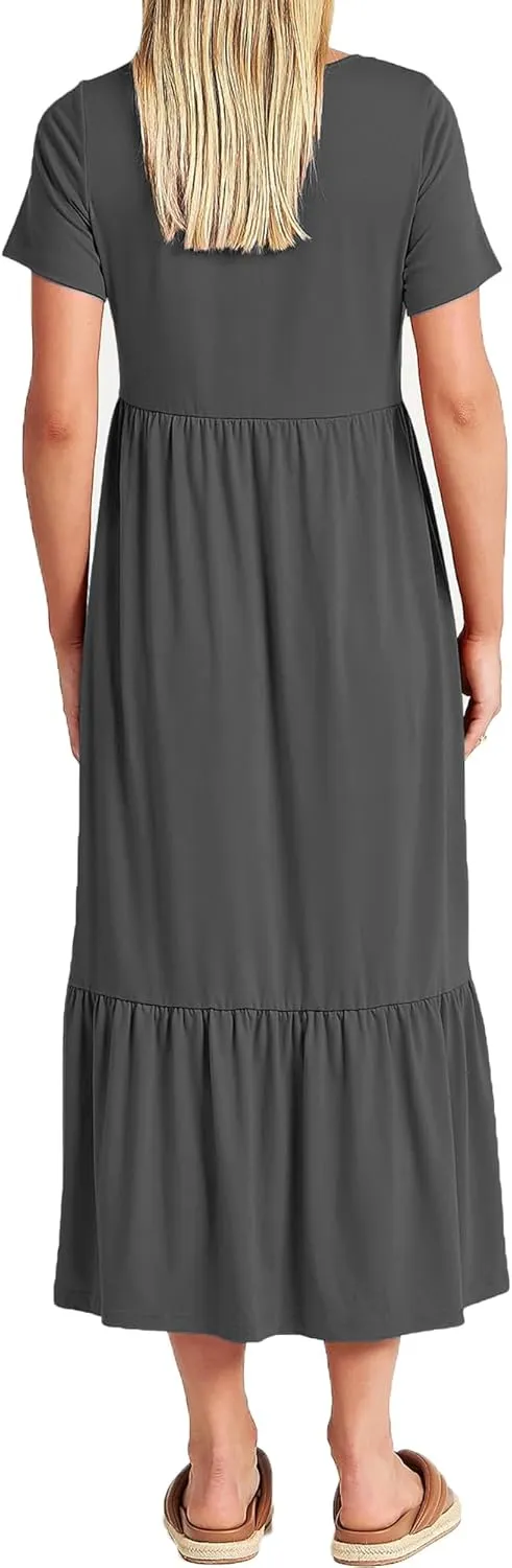 Women Nursing Short Sleeve Crew Neck Fall Dress Maternity Flowy Maxi Dresses Tiered Cocktail Dress with Pockets