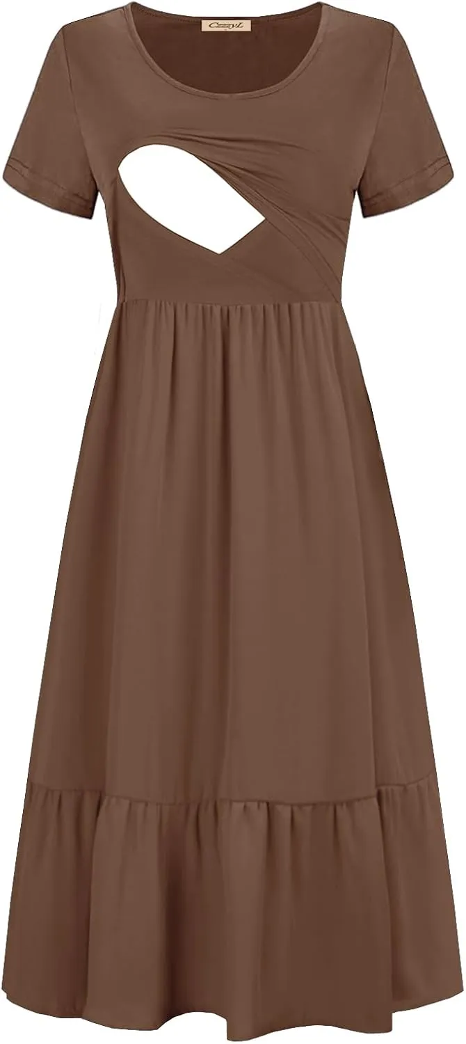 Women Nursing Short Sleeve Crew Neck Fall Dress Maternity Flowy Maxi Dresses Tiered Cocktail Dress with Pockets
