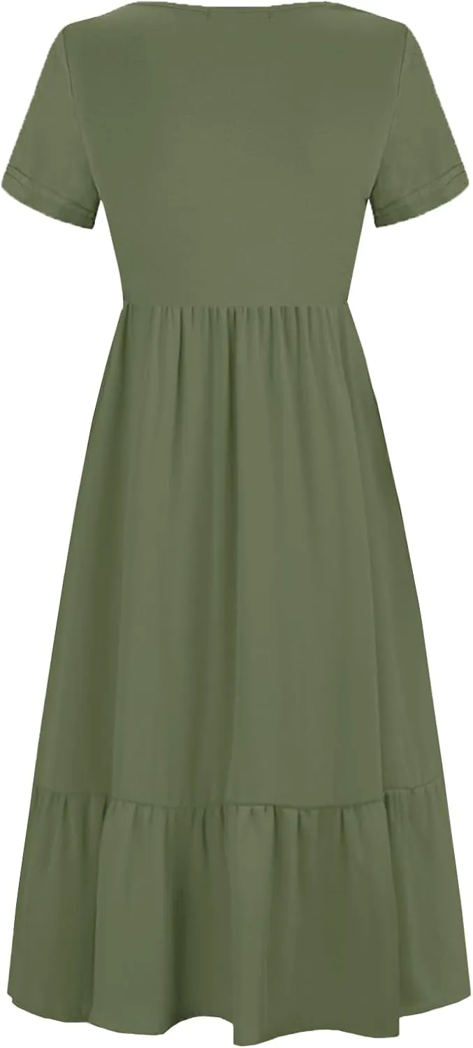 Women Nursing Short Sleeve Crew Neck Fall Dress Maternity Flowy Maxi Dresses Tiered Cocktail Dress with Pockets