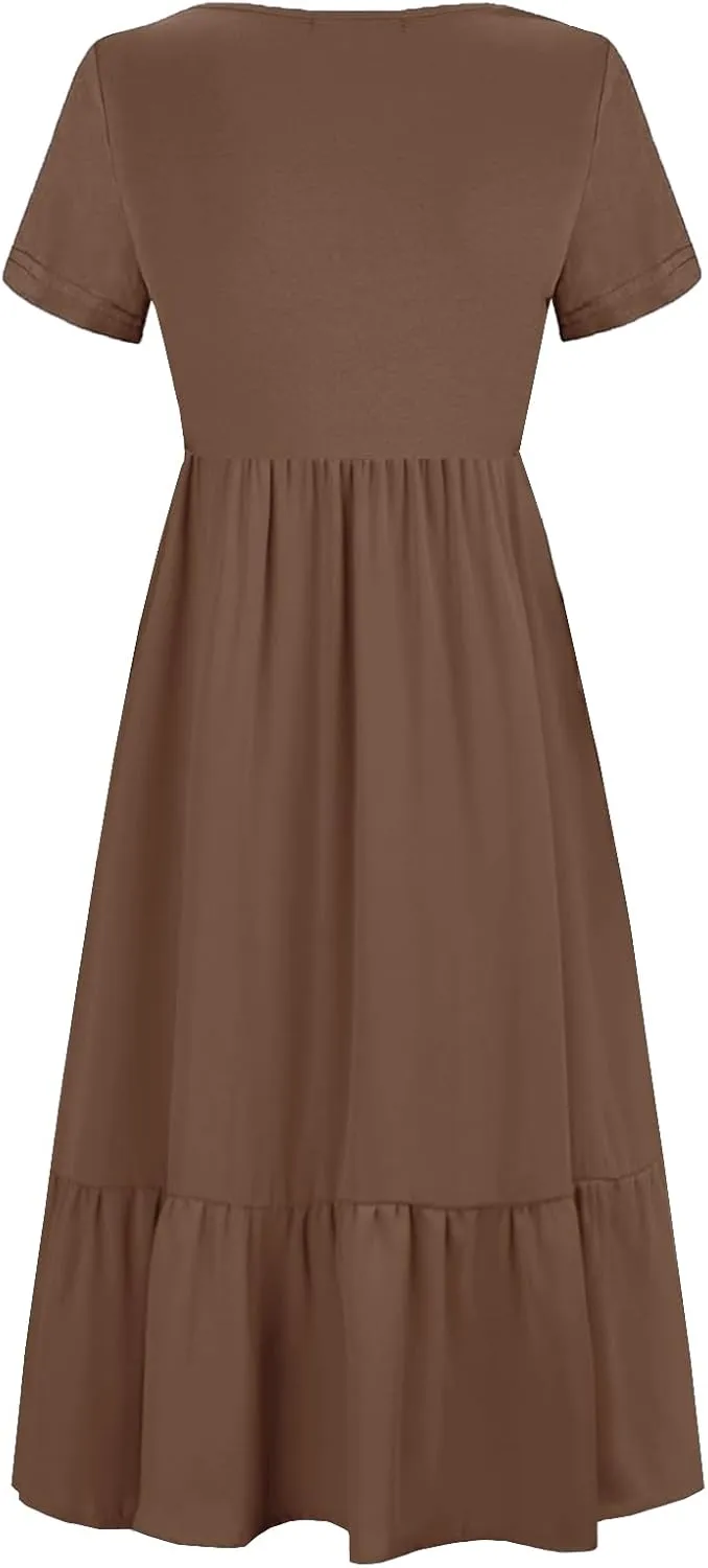 Women Nursing Short Sleeve Crew Neck Fall Dress Maternity Flowy Maxi Dresses Tiered Cocktail Dress with Pockets