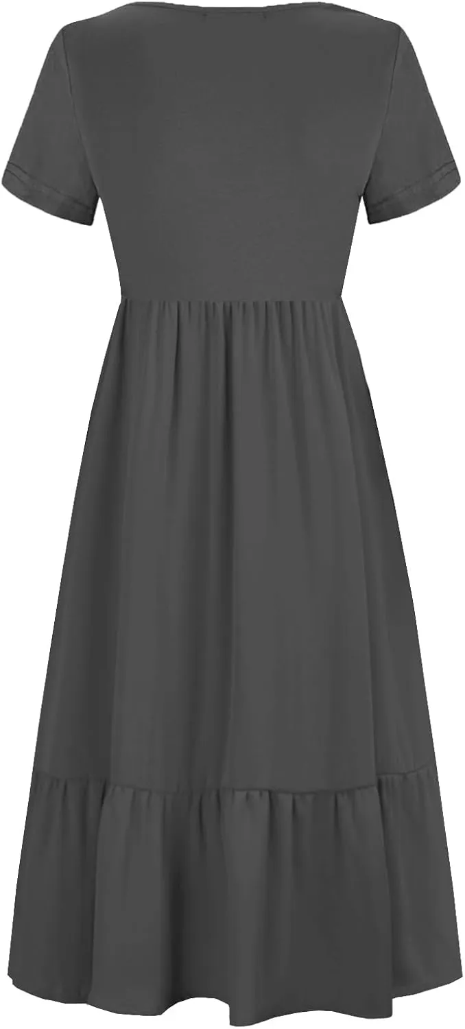 Women Nursing Short Sleeve Crew Neck Fall Dress Maternity Flowy Maxi Dresses Tiered Cocktail Dress with Pockets