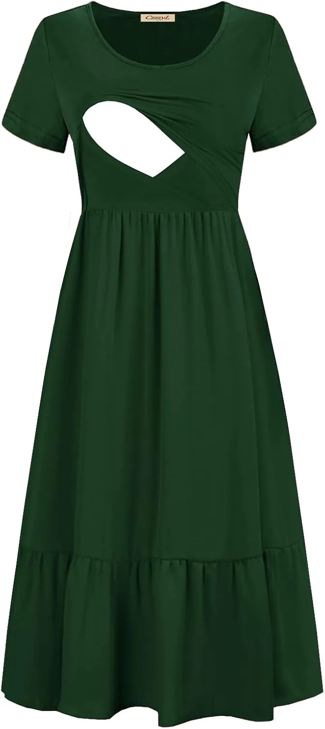 Women Nursing Short Sleeve Crew Neck Fall Dress Maternity Flowy Maxi Dresses Tiered Cocktail Dress with Pockets