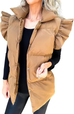 Women Puffer Vest Ruffle Sleeve Button Down Padded Quilted Puffy Jacket Padded Gilet Sleeveless Winter Coat Pockets