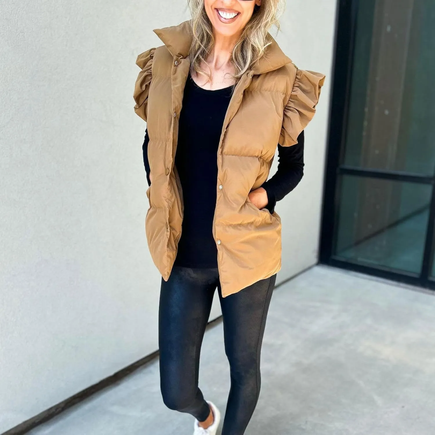 Women Puffer Vest Ruffle Sleeve Button Down Padded Quilted Puffy Jacket Padded Gilet Sleeveless Winter Coat Pockets