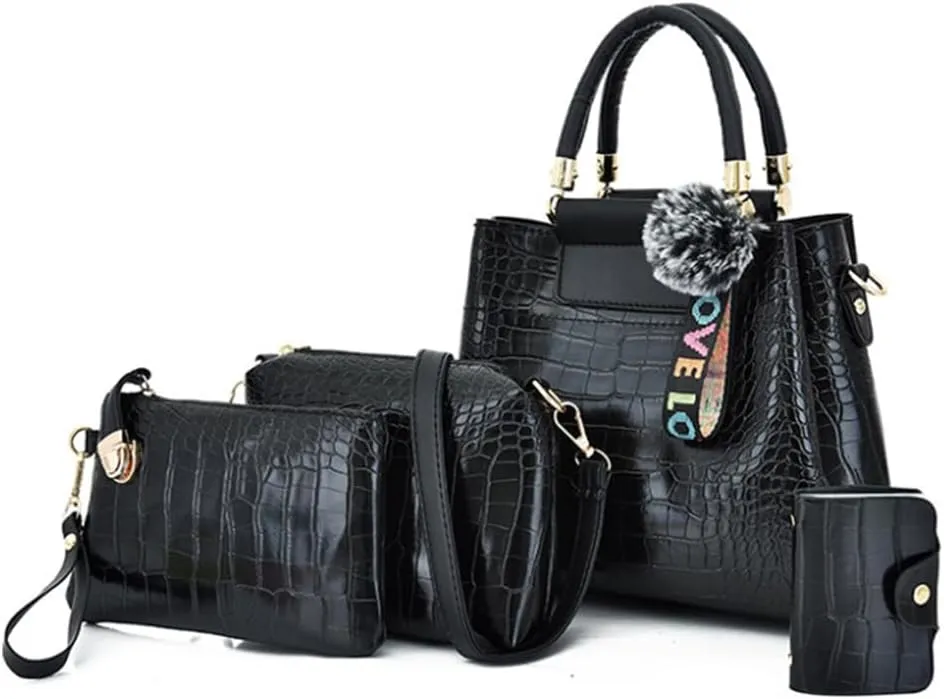 Women Purse Handbag 4pcs Faux Leather Satchel Crocodile Pattern Shoulder Bags Clutch Card Holder