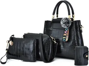 Women Purse Handbag 4pcs Faux Leather Satchel Crocodile Pattern Shoulder Bags Clutch Card Holder