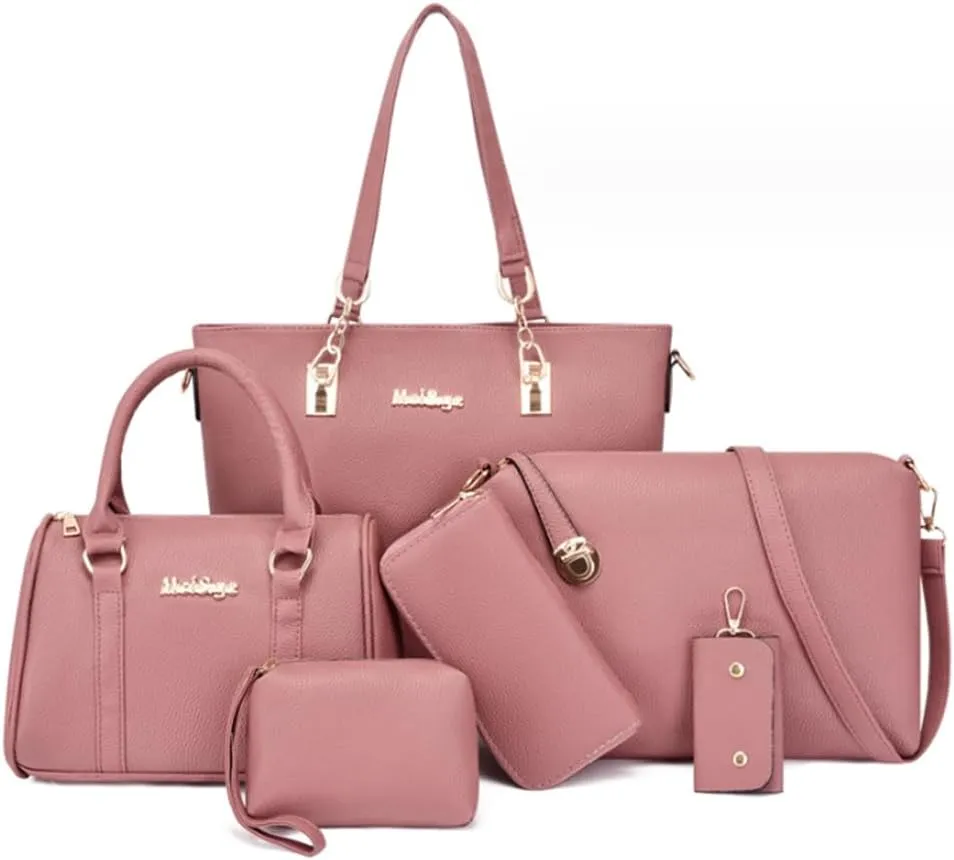 Women Purse Handbag 6pcs Satchel Faux Leather Zip Tote Shoulder Bags Wallet Clutch Card Holder