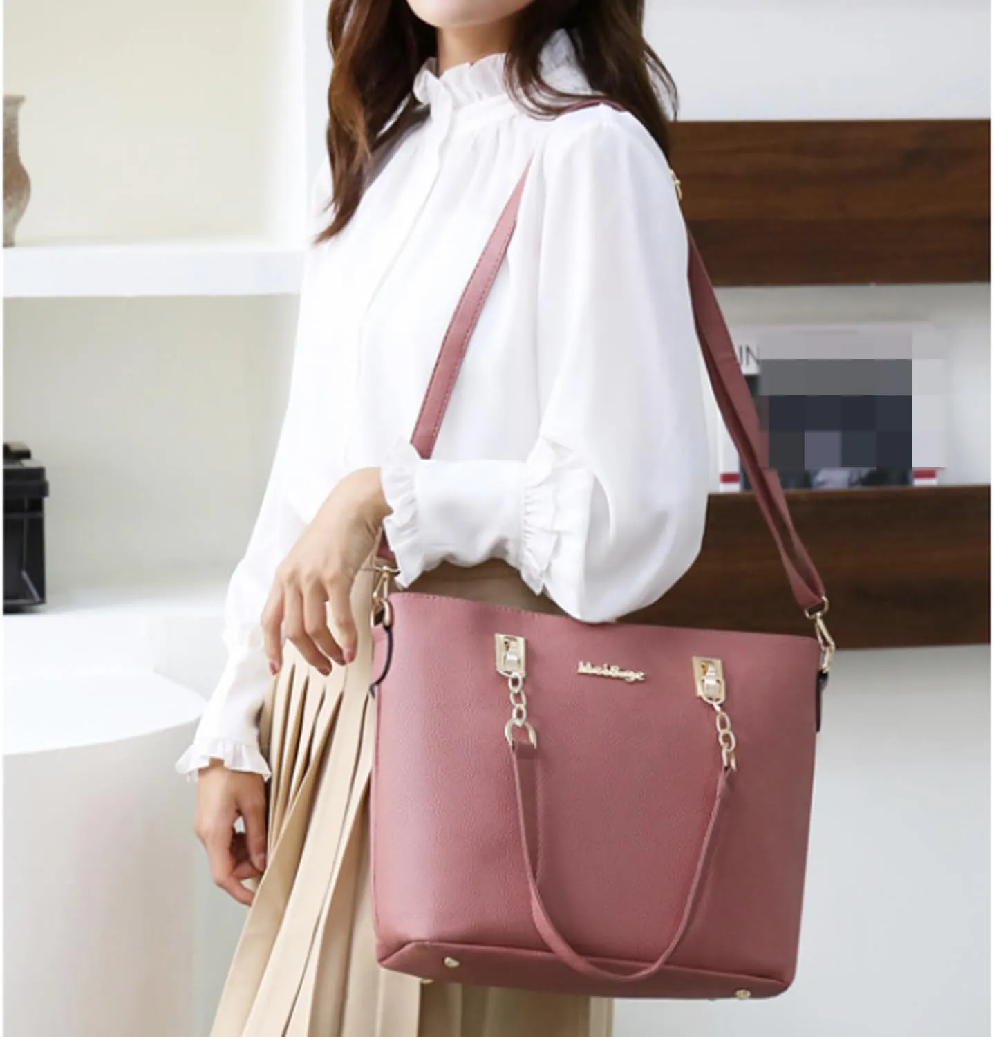 Women Purse Handbag 6pcs Satchel Faux Leather Zip Tote Shoulder Bags Wallet Clutch Card Holder