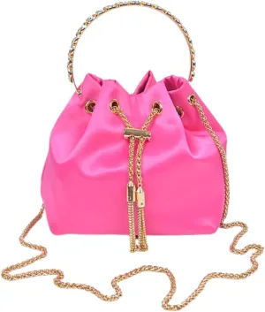 Women Small Bucket Bag Crystal Inlay Handle Glitter Diamonds Tassel Wedding Party Clutch Metal Ring Handheld Purse