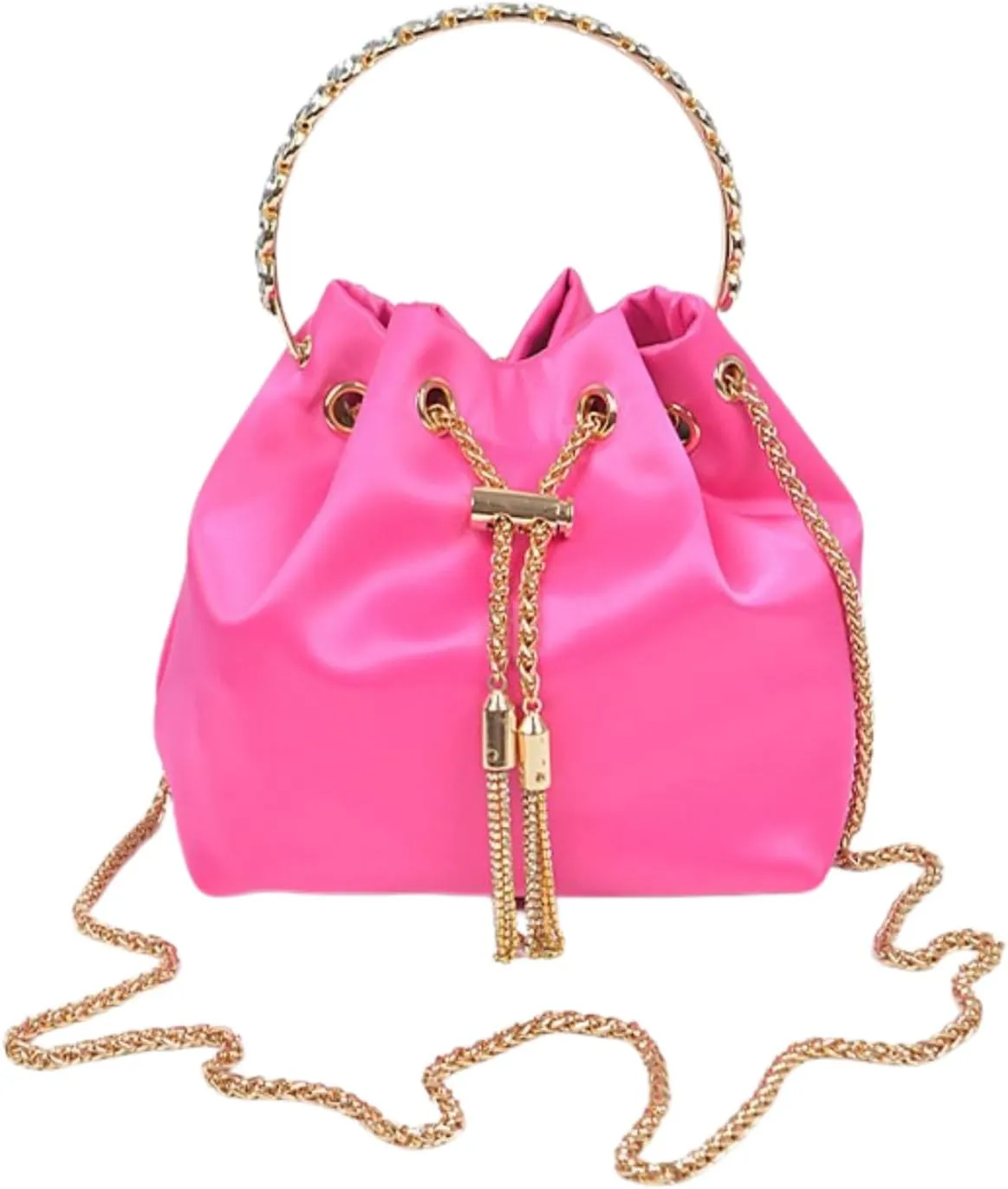 Women Small Bucket Bag Crystal Inlay Handle Glitter Diamonds Tassel Wedding Party Clutch Metal Ring Handheld Purse