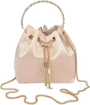 Women Small Bucket Bag Crystal Inlay Handle Glitter Diamonds Tassel Wedding Party Clutch Metal Ring Handheld Purse