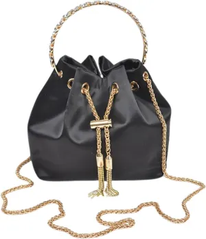 Women Small Bucket Bag Crystal Inlay Handle Glitter Diamonds Tassel Wedding Party Clutch Metal Ring Handheld Purse