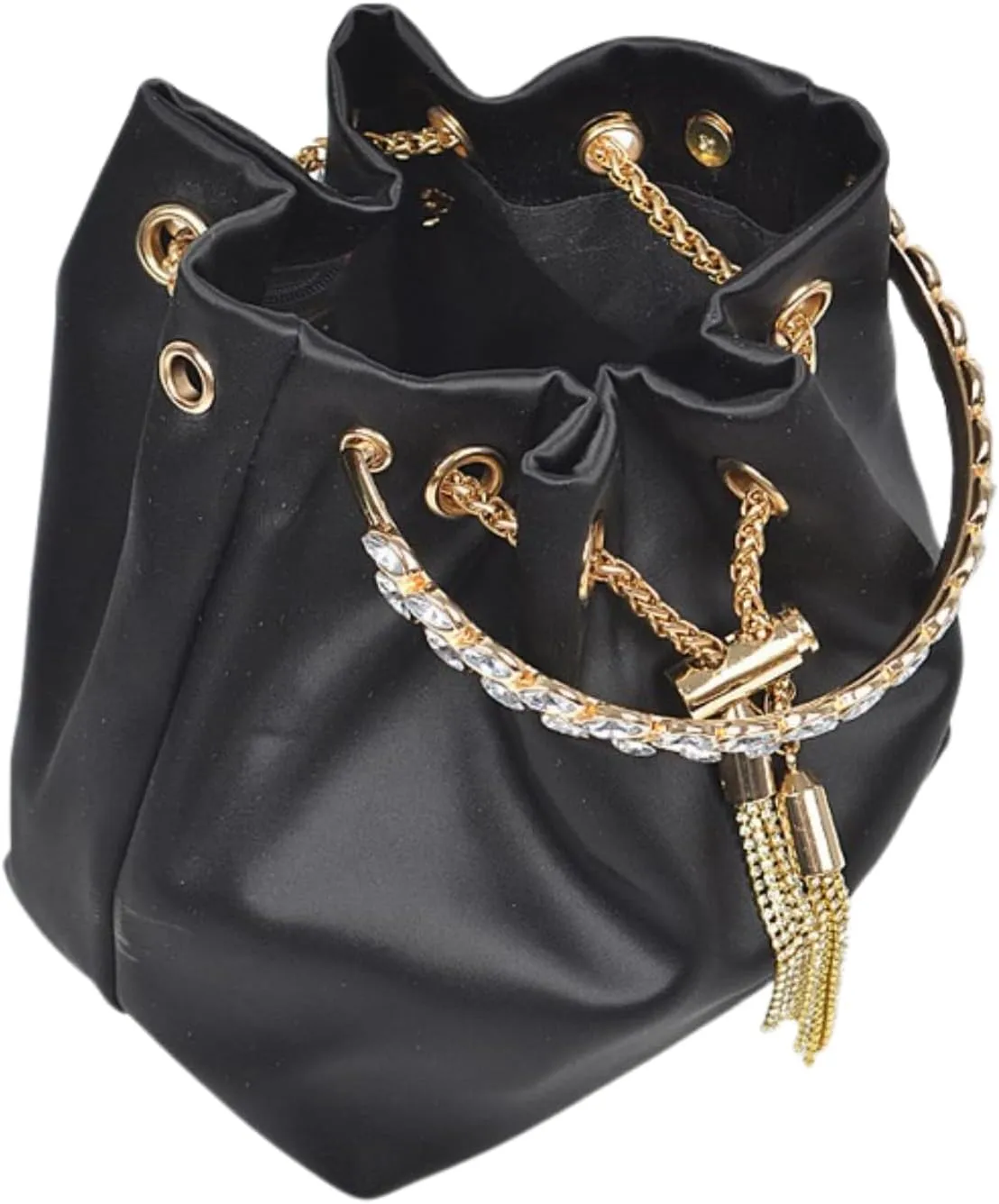 Women Small Bucket Bag Crystal Inlay Handle Glitter Diamonds Tassel Wedding Party Clutch Metal Ring Handheld Purse