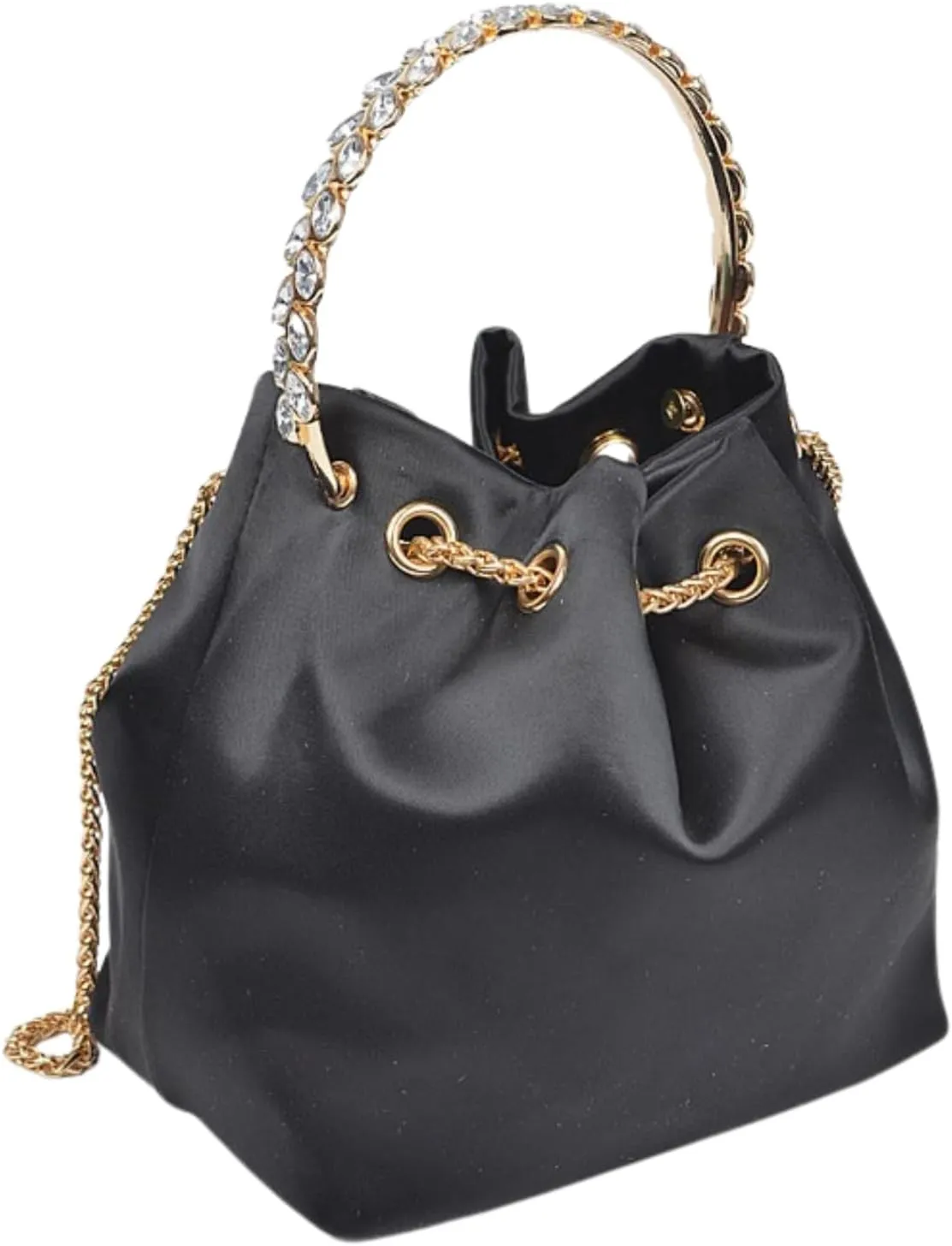 Women Small Bucket Bag Crystal Inlay Handle Glitter Diamonds Tassel Wedding Party Clutch Metal Ring Handheld Purse