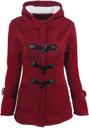 Women Solid Color Horn Buttons Cardigan Padded Hooded Trench Coat Overcoat Vintage Slim Fit Winter Outdoor Sport Jackets