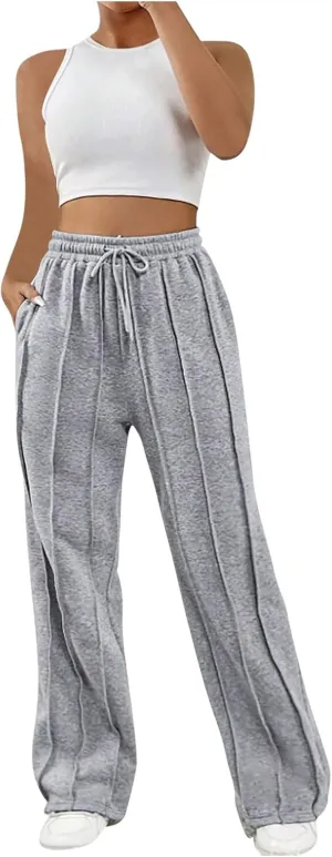 Women Stripe Textured Pants Fall 2024 Trendy Drawstring Elastic High Waist Straight Leg Trousers Casual Sweatpants