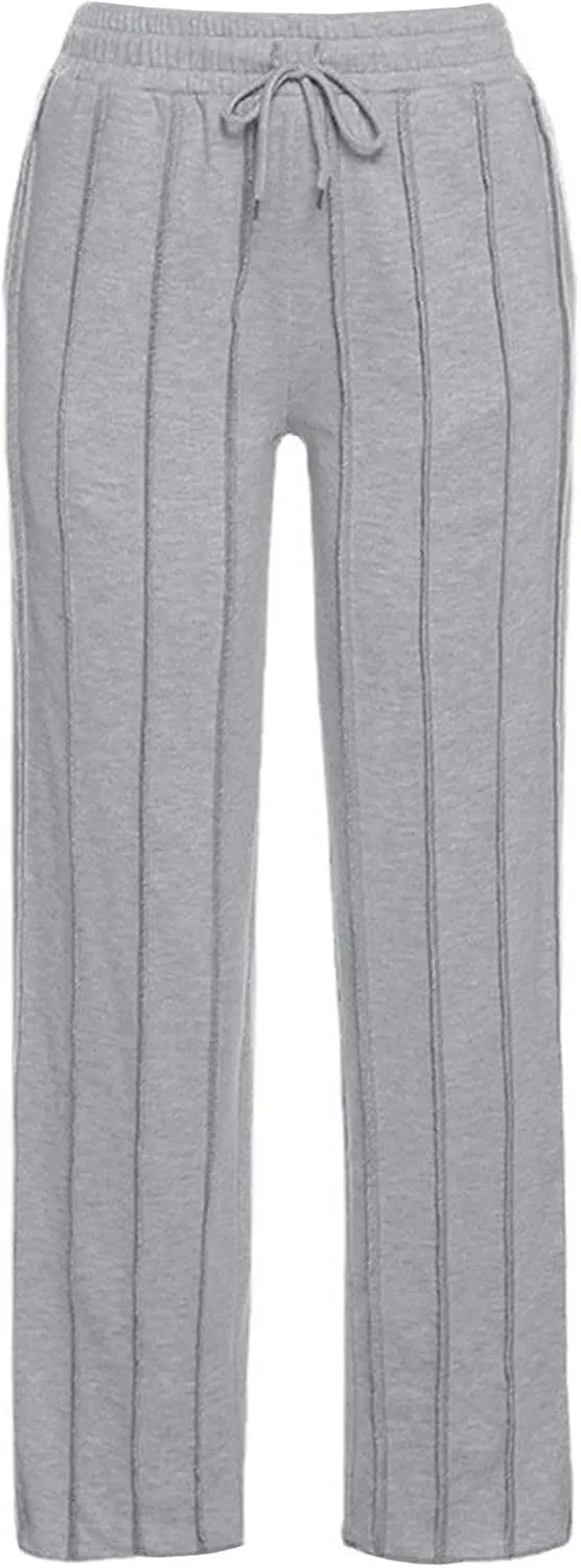 Women Stripe Textured Pants Fall 2024 Trendy Drawstring Elastic High Waist Straight Leg Trousers Casual Sweatpants