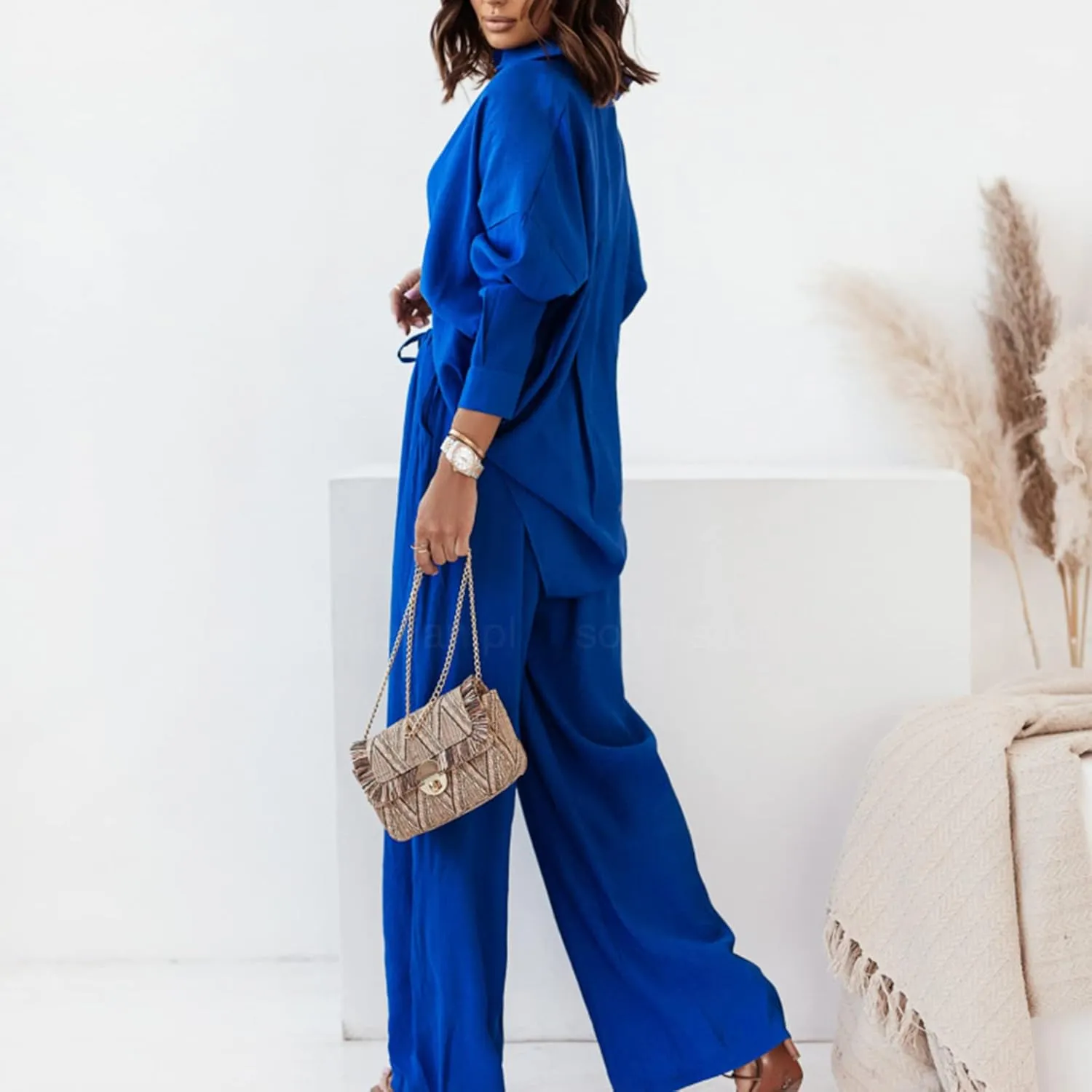 Women's 2 Piece Casual Outfits Solid Graphic Button Shirt and Loose High Waist Wide Leg Palazzo Pants Set Shorts