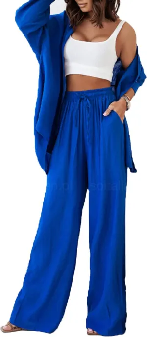 Women's 2 Piece Casual Outfits Solid Graphic Button Shirt and Loose High Waist Wide Leg Palazzo Pants Set Shorts