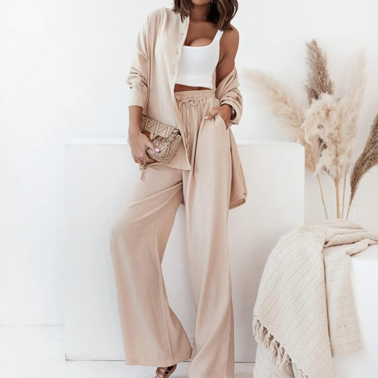 Women's 2 Piece Casual Outfits Solid Graphic Button Shirt and Loose High Waist Wide Leg Palazzo Pants Set Shorts