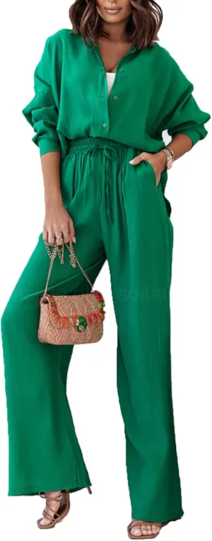 Women's 2 Piece Casual Outfits Solid Graphic Button Shirt and Loose High Waist Wide Leg Palazzo Pants Set Shorts