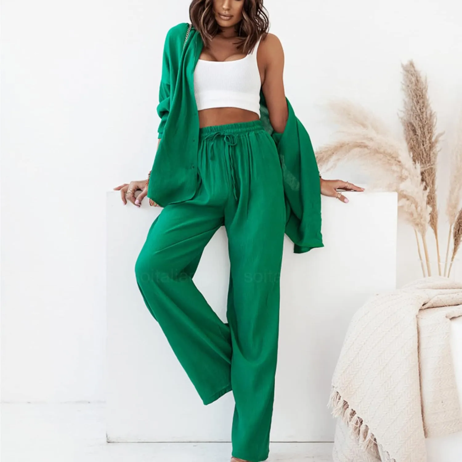 Women's 2 Piece Casual Outfits Solid Graphic Button Shirt and Loose High Waist Wide Leg Palazzo Pants Set Shorts