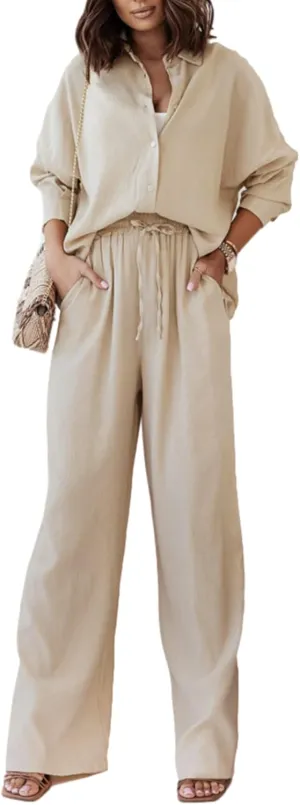 Women's 2 Piece Casual Outfits Solid Graphic Button Shirt and Loose High Waist Wide Leg Palazzo Pants Set Shorts